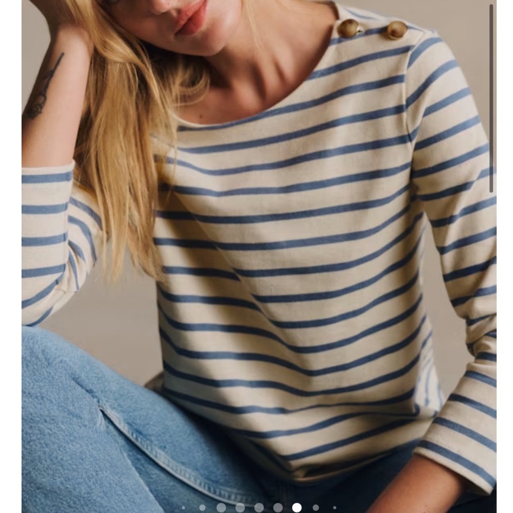 Sezane Colette Mariniere Top Women M Blue Cream Striped Button Shoulder Star